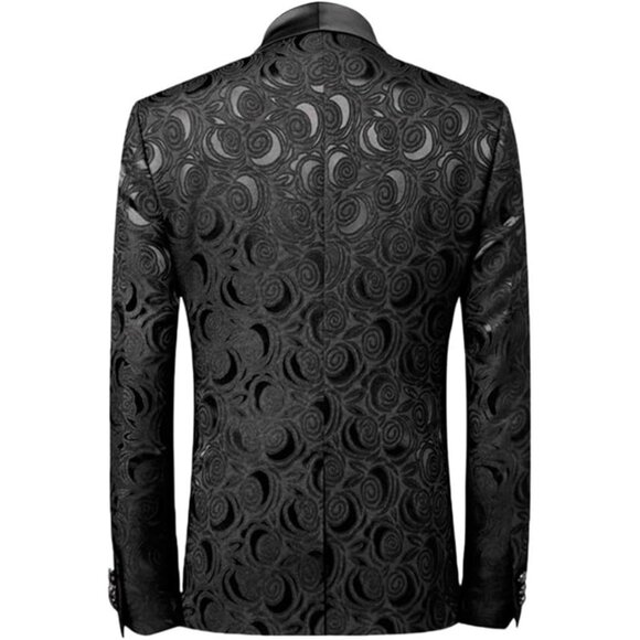 NWOT Yffushi Mens Black Paisley Pattern Dinner Jacket Blazer Velvet Collar Sz S - Picture 2 of 7